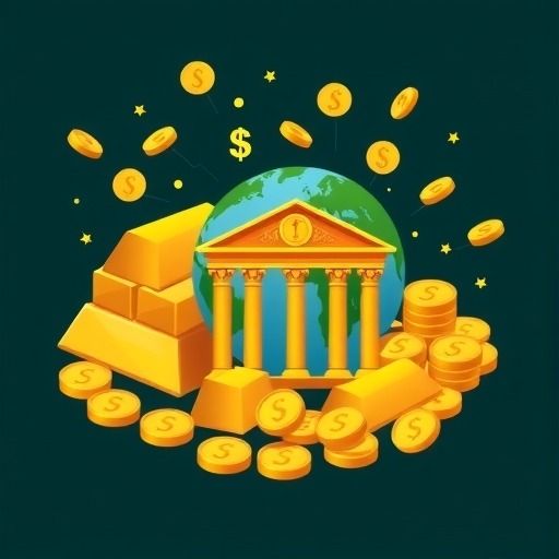 一堆金條與背景中的貨幣符號