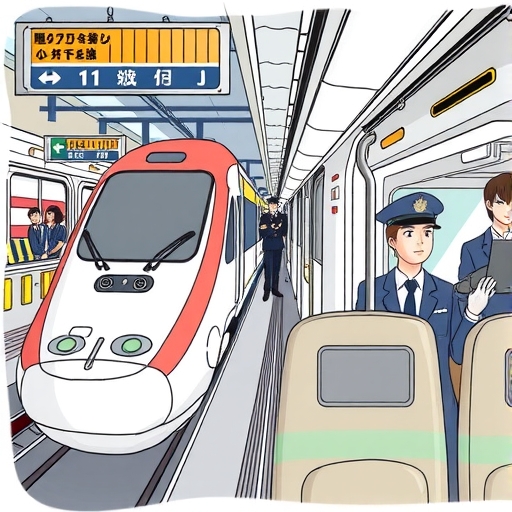 新幹線列車後方有安全圍欄的插圖