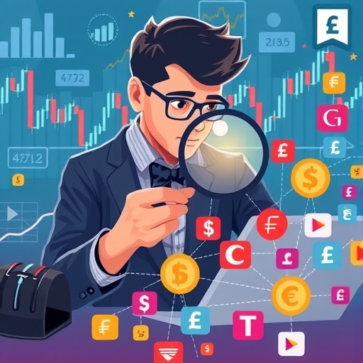 一位交易者正在分析金融圖表，使用放大鏡查看細節