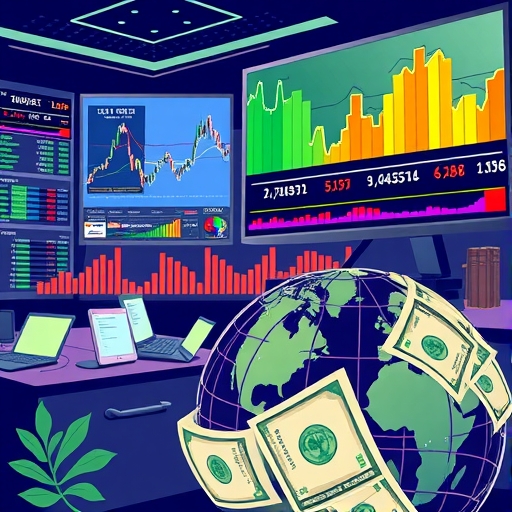 全球貿易符號與貨幣鈔票交織在一起的插圖