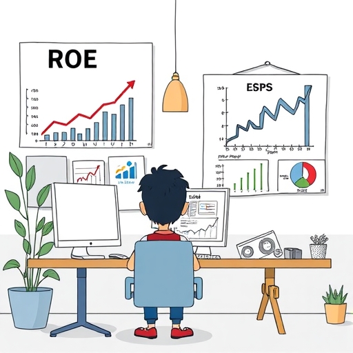 一位畫出股東權益報酬率（ROE）與每股盈餘（EPS）概念的插畫