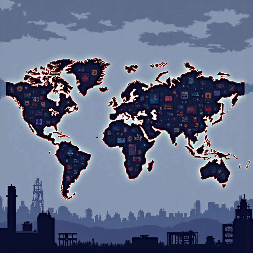 全球地圖上運轉的齒輪與工廠圖標，交織貨幣符號與上升圖表