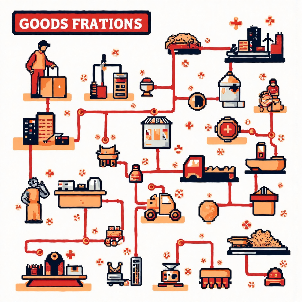 從生產到消費流程的風格化資訊圖,採用粗線條與抽象形狀呈現像素藝術風格