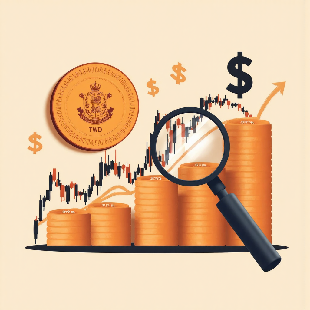 台灣貨幣與股市受美國經濟指標影響的象徵性像素藝術插圖，包含台幣硬幣、股市圖表與<a href=