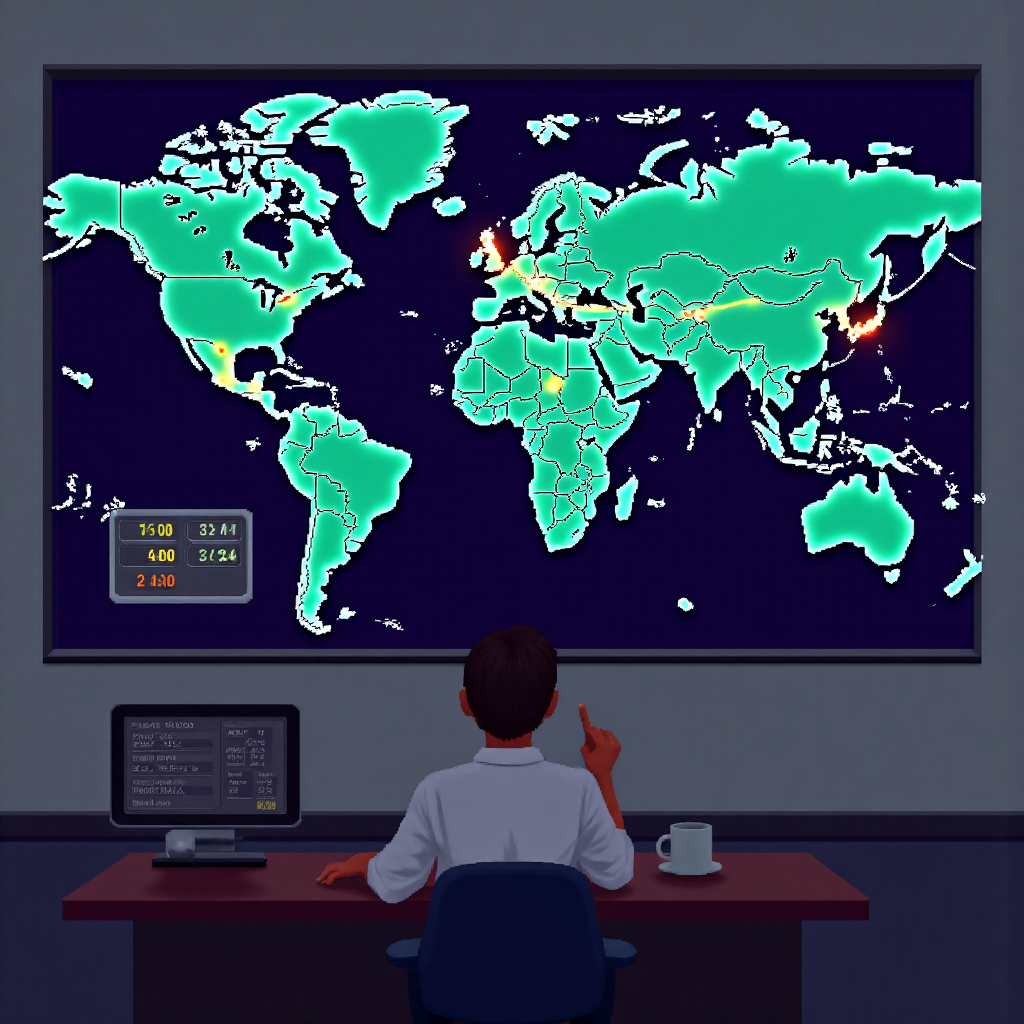 金融分析師指向連接美國與台灣的全球地圖，象徵經濟聯動