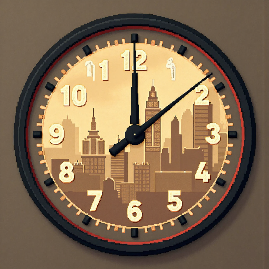 時鐘面與財務圖表重疊的像素藝術插圖,呈現現代遊戲風格的經濟脈動視覺