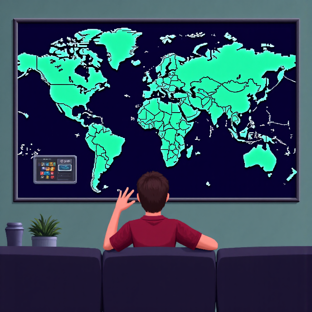 投資者凝視全球經濟地圖像素藝術插圖，疊加股市與貨幣符號象徵策略規劃