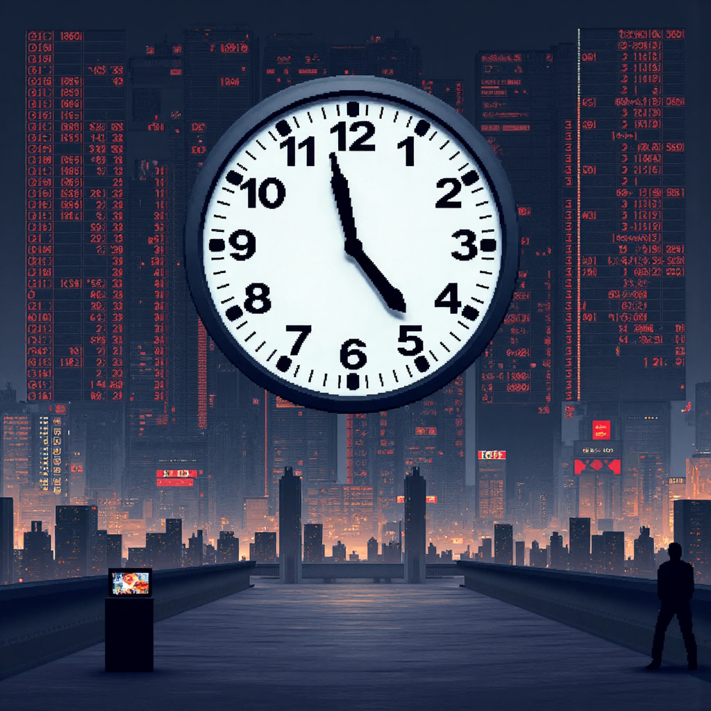 股票市場地板上的時鐘與環繞數據圖表，象徵發布時機的緊迫感