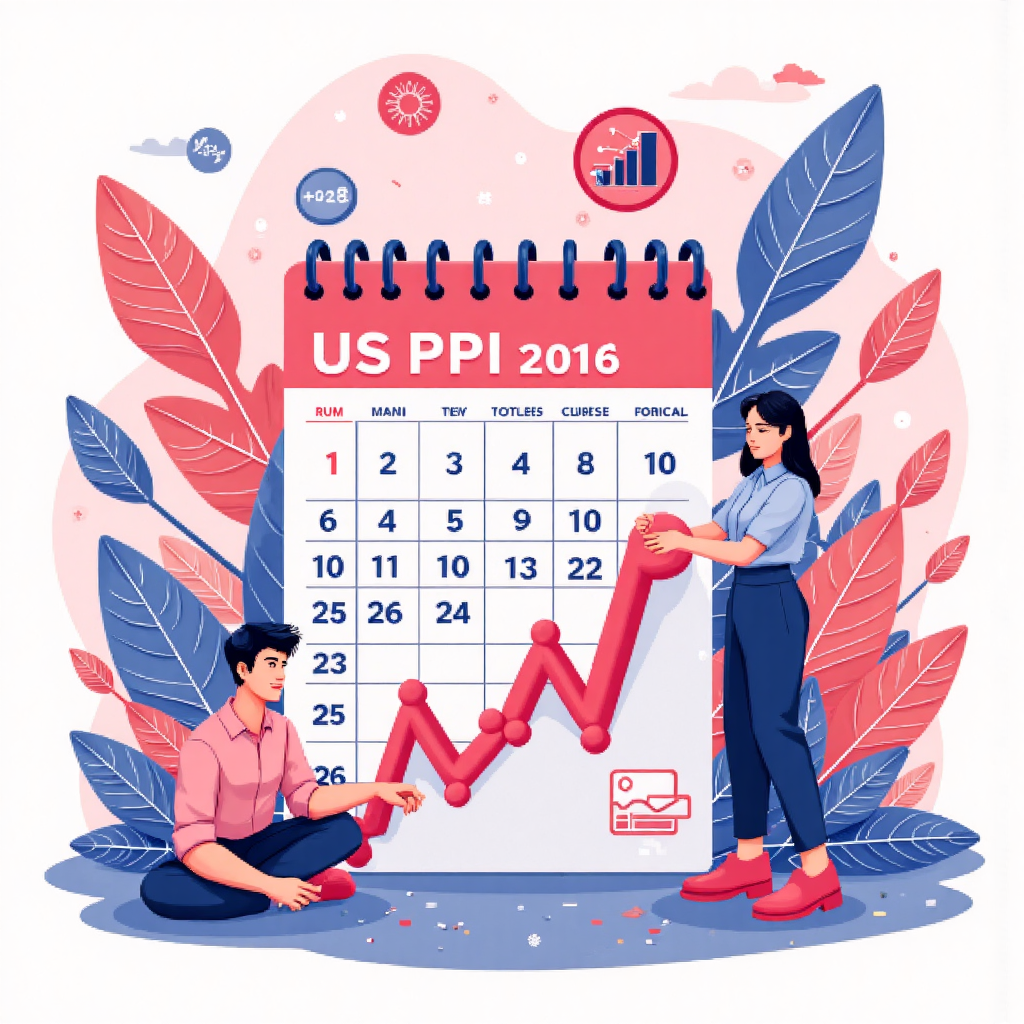 像素藝術風格的 2025 美國 PPI 公佈日曆圖像，周圍環繞經濟數據圖表與全球市場符號