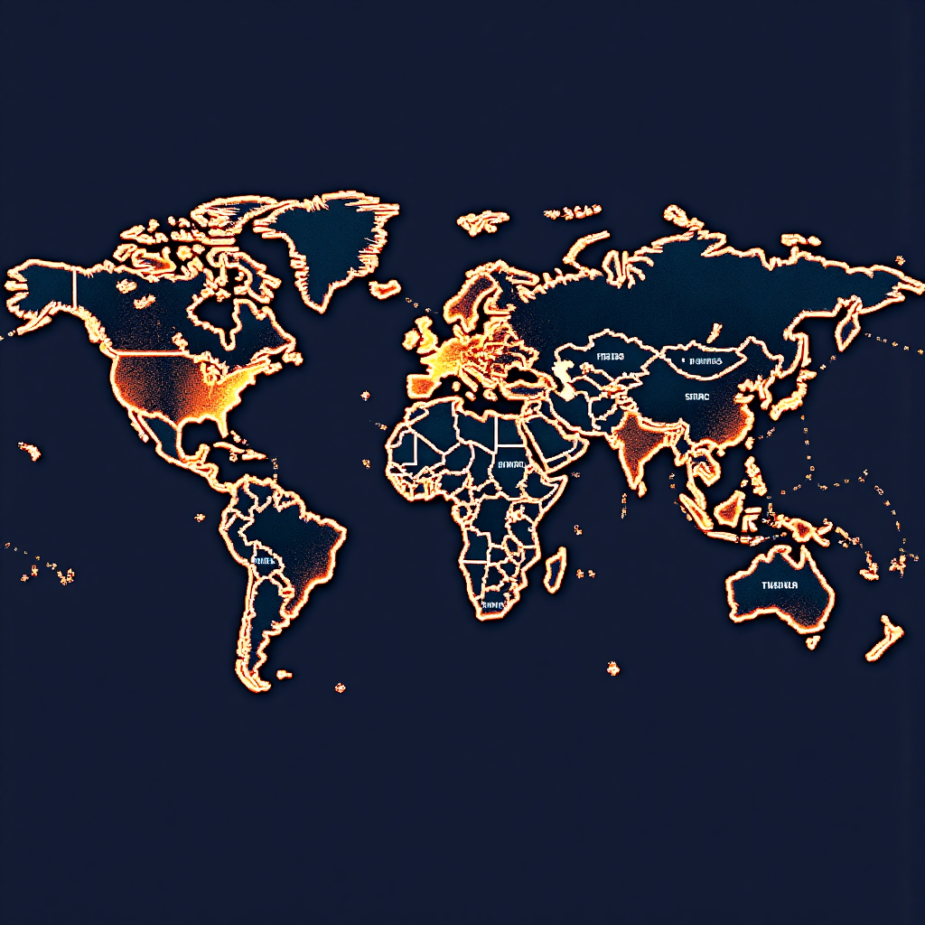 全球經濟連結世界地圖，美國與台灣間發光線條顯示PPI對本地市場的影響