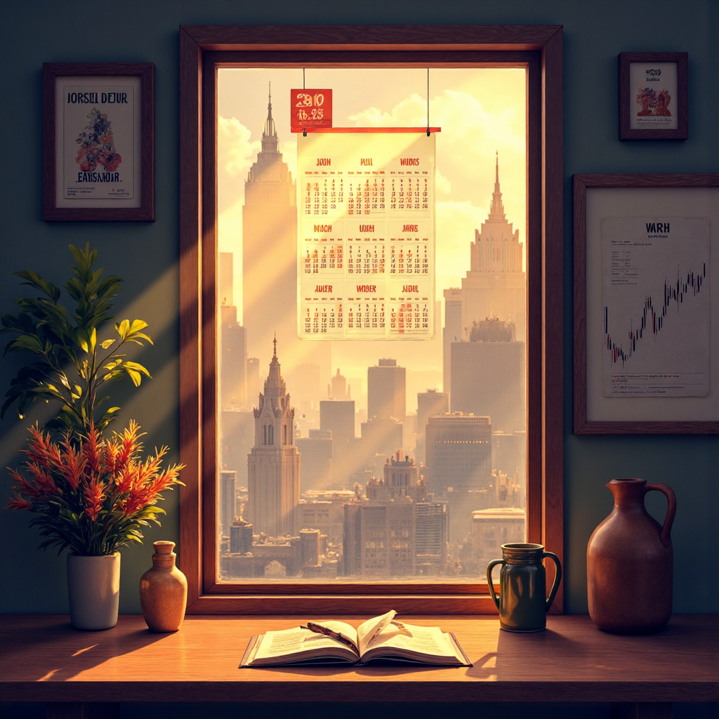 像素藝術風格的日曆，聚焦特定日期標示股市公告，背景帶有經濟圖表與暖金色調