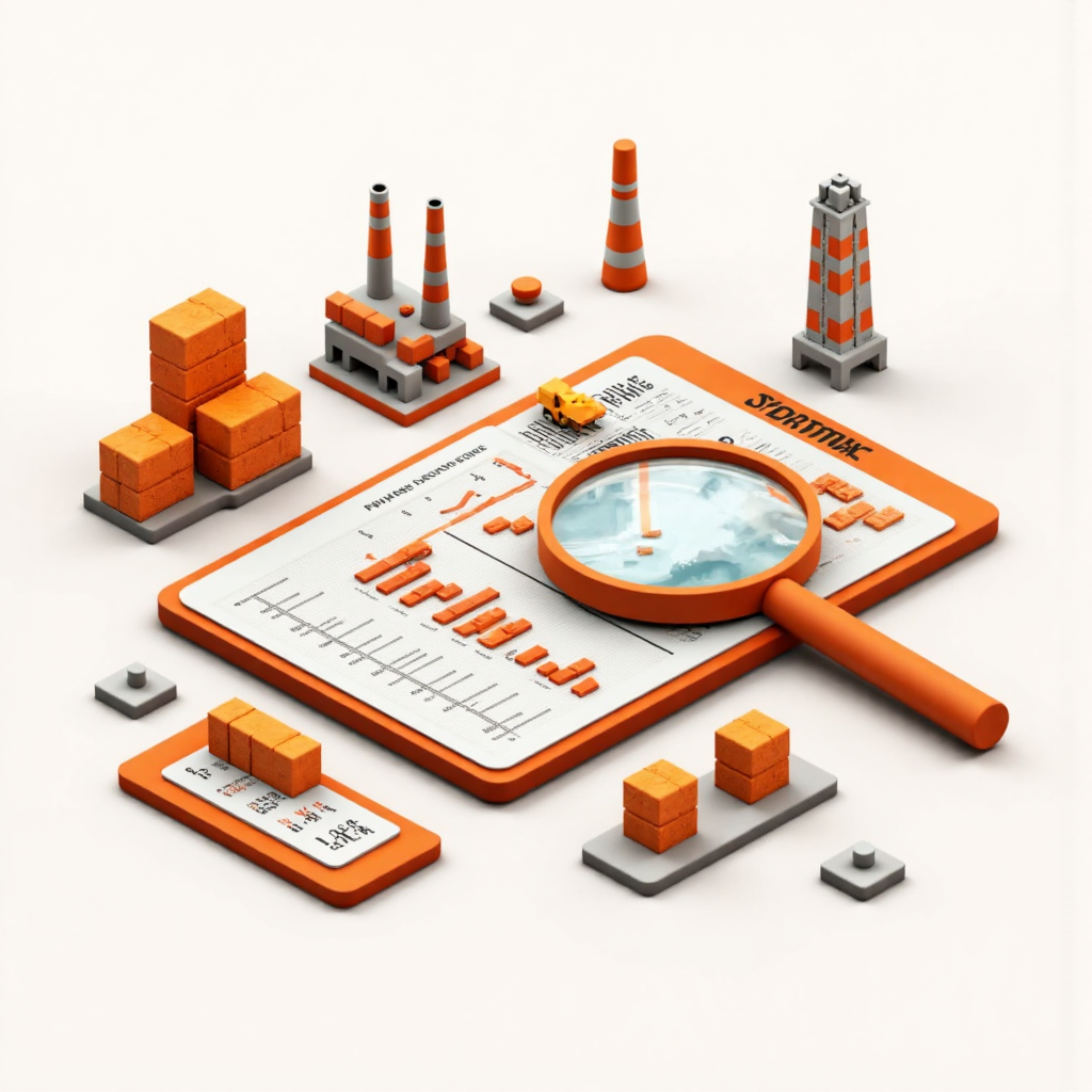 放大鏡檢視生產者價格上漲趨勢圖表，伴隨工廠與貨櫃圖示
