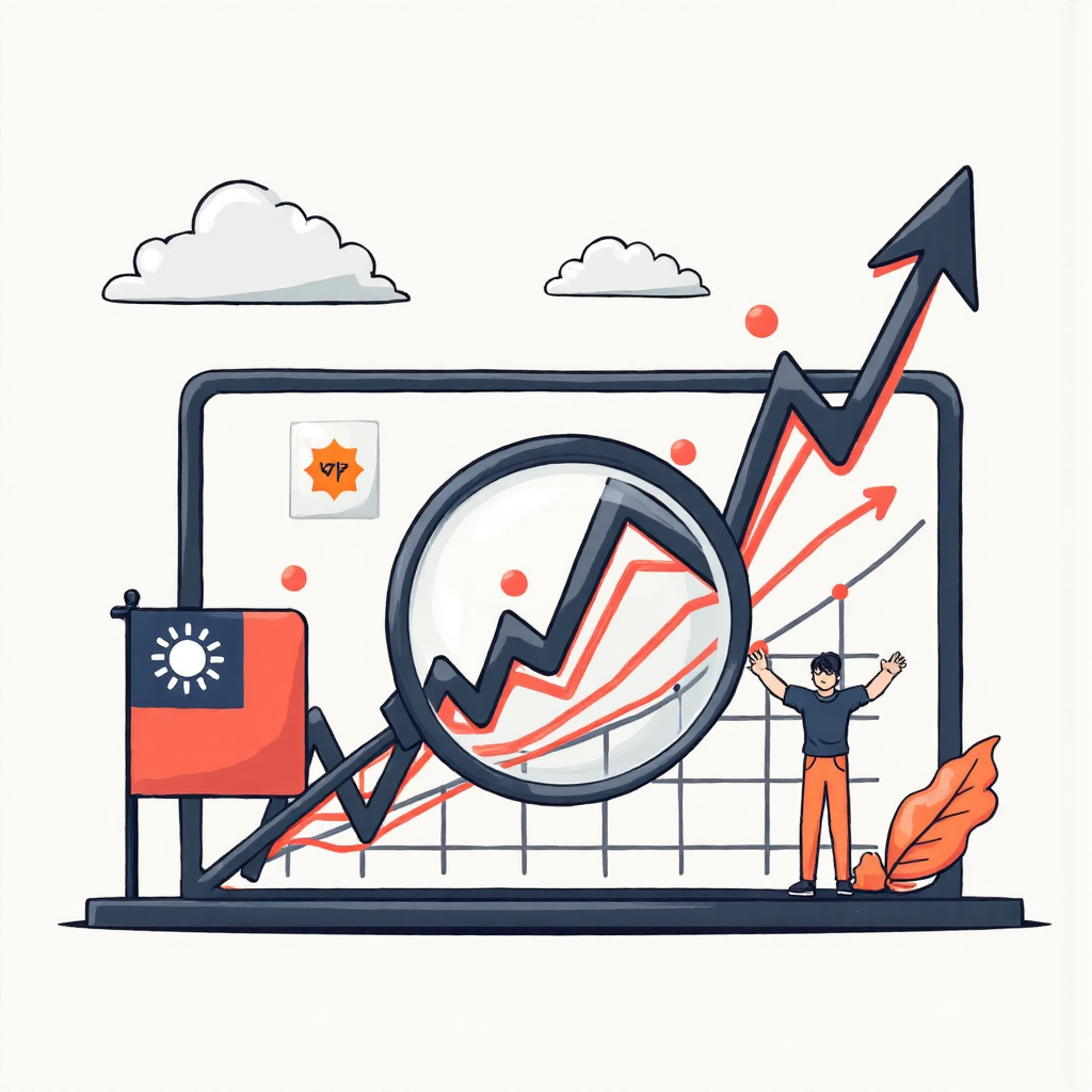 像素藝術風格的放大鏡檢視上升生產者價格圖表，融入台灣旗幟元素