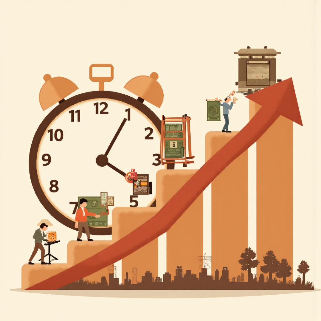 經濟成長與財務符號的時鐘圖表插圖