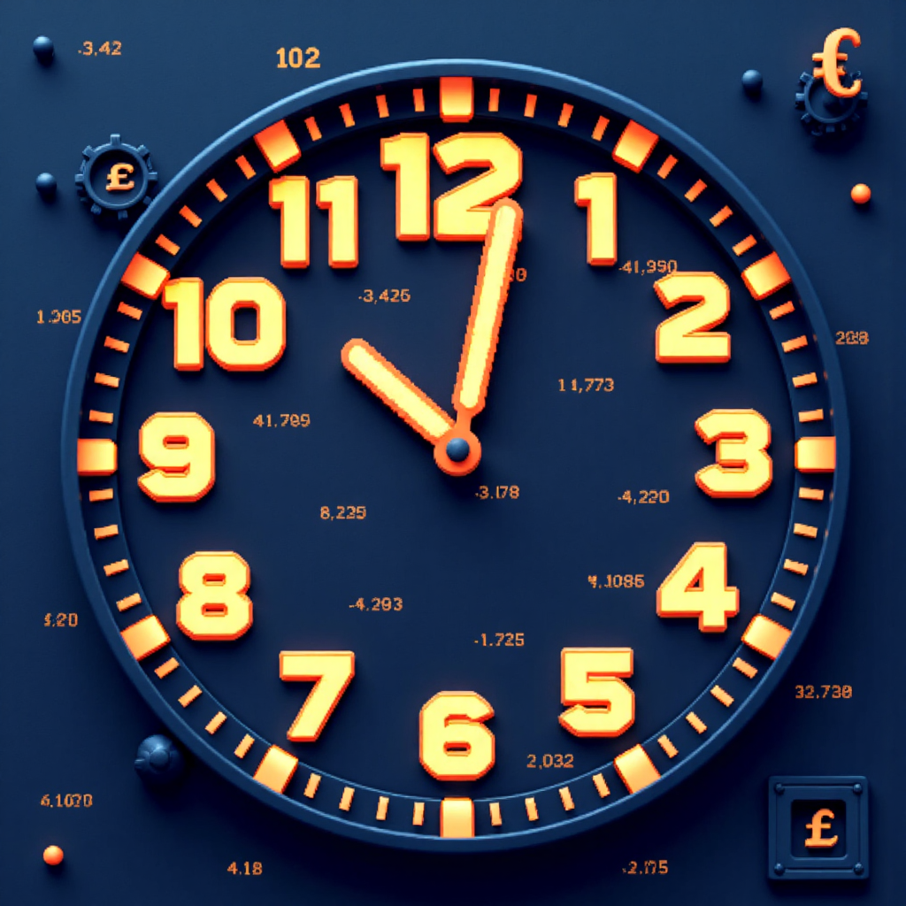 經濟數據發布時鐘圖示，顯示月中發布時間與股市圖表背景