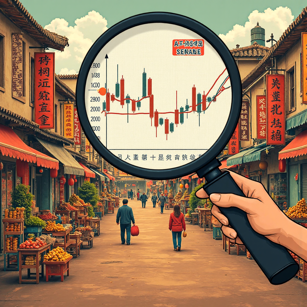 台灣市場場景中放大鏡檢視全球經濟圖表的奇幻像素藝術插圖，強調價格波動與國際貿易連結