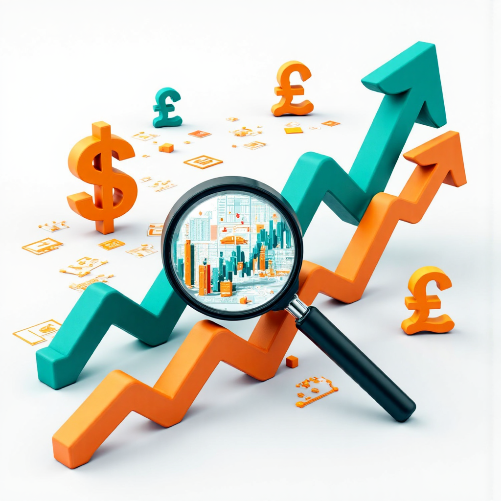 股市圖表轉換為美元與新台幣匯率符號的核心PPI放大鏡插圖