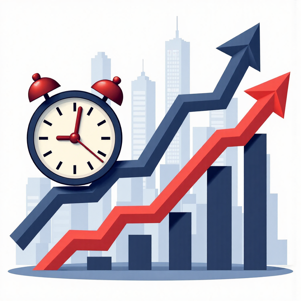 經濟數據發布對金融市場影響的股票圖表插圖，中央有時鐘符號顯示趨勢波動