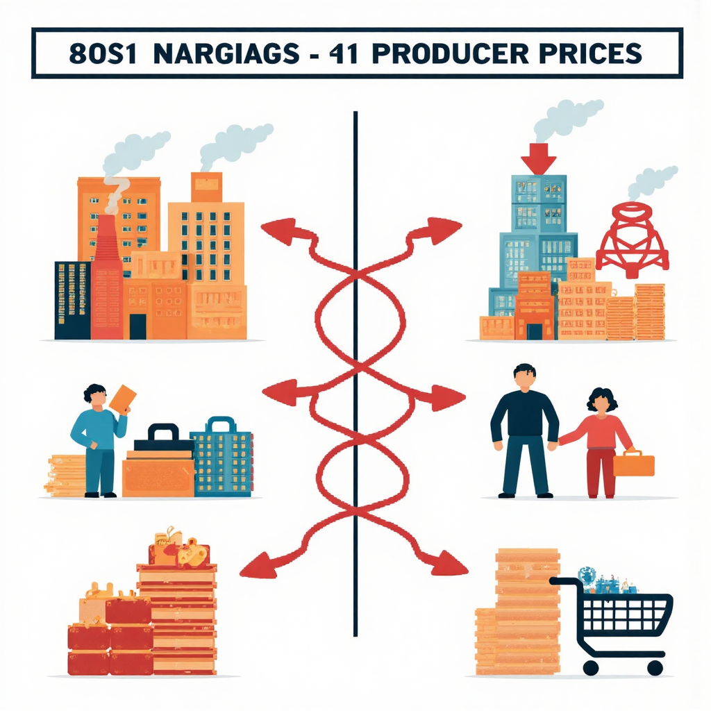 生產者價格與消費者價格關係的資訊圖，顯示成本上升流向與工廠購物車圖示