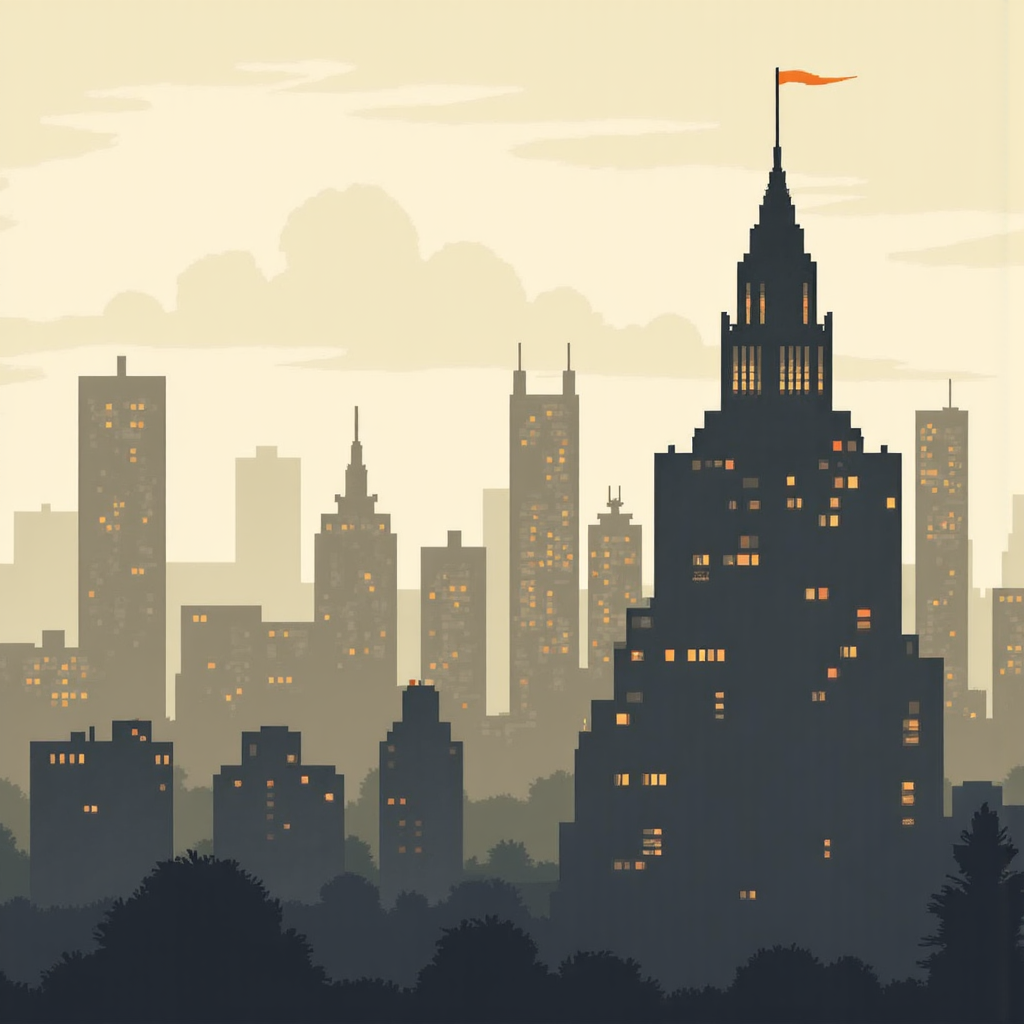 城市景觀中上升價格標籤影響中央銀行建築的風格化像素藝術插圖，顯示生產者物價對利率決策的影響